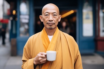 buddhist holding a coffee cup outside a cafe