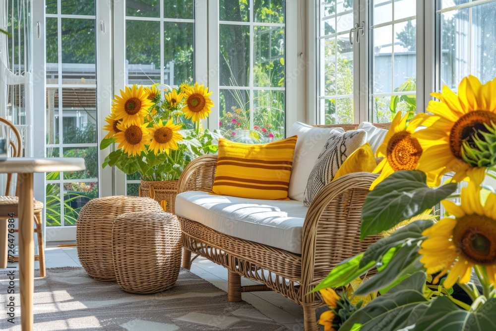 Sunflowers are beautifully arranged in a wicker chair in a sunlit room ...