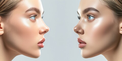 Poster - A close-up view of a woman's face captured from two different angles. This image can be used for various purposes