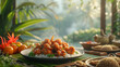 Tropical Feast on Jungle Table, delicious tropical feast laid out on a bamboo table set against the lush backdrop of a misty jungle, inviting a sense of exotic dining adventure