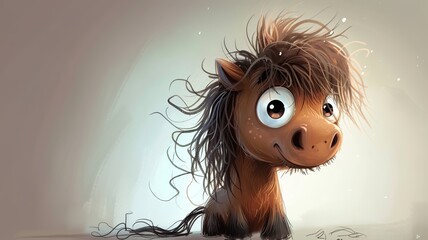 Wall Mural - an artificial intelligence portrait of a funny, cute, big-eyed, shaggy-haired horse