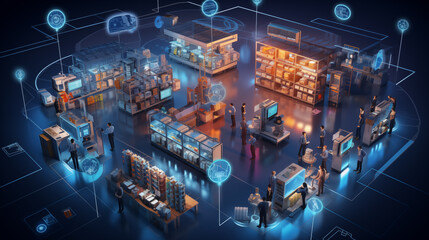 digital optics network in blue circuitry, integration of connected devices to optimize production, m