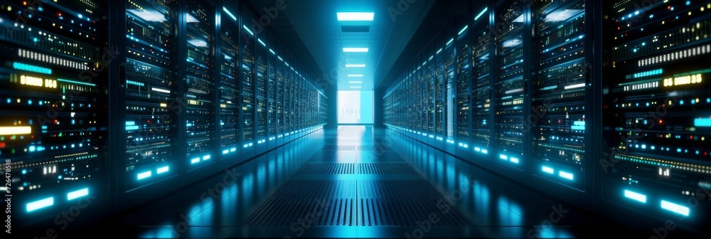 Panoramic view of a server room with rows of processors and digital ...