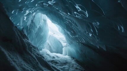 Poster - Explore the captivating beauty of an ice cave illuminated by a mesmerizing light at the end. Perfect for nature enthusiasts and adventurers.