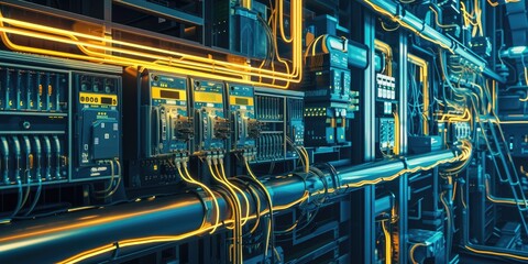 Poster - A collection of pipes and wires in a room. Suitable for industrial or construction-themed projects