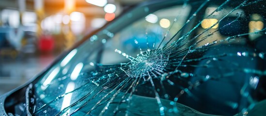 Car windscreen damaged at auto service station garage, selective focus.