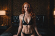 © SOLOTU - Young bdsm style red hair sexy woman portrait in black latex suit or lingerie. Generative Ai