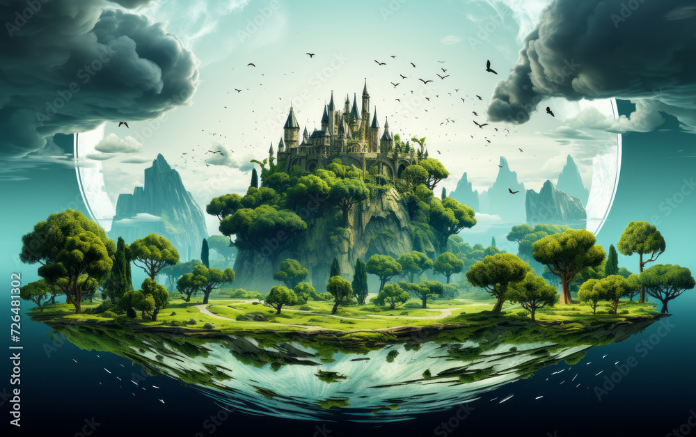 Fantasy floating island with lush green trees and a majestic castle ...