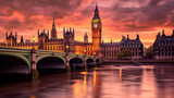 Fototapeta Londyn - London's Iconic Big Ben and Westminster Bridge at Dusk - Generative AI