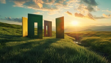 Wall Mural - different colourful shaped open doors on a grassy hill as sunlight passes through them