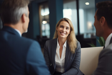 Female manager consulting mature colleagues at casual meeting in modern office.