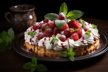 Wall Mural - Pie with strawberries and whipped cream decorated with mint leaves., generative IA