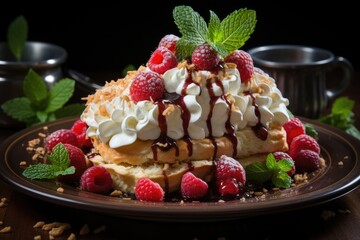 Wall Mural - Pie with strawberries and whipped cream decorated with mint leaves. top view, generative IA