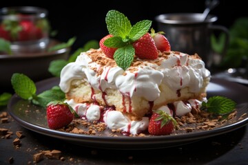 Wall Mural - Pie with strawberries and whipped cream decorated with mint leaves. top view, generative IA