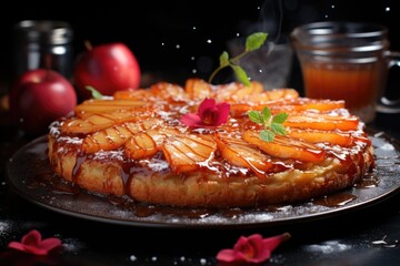 Wall Mural - French sweet pie pie tart tatin upside down and fresh red apple, generative IA