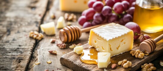 Canvas Print - Cheese with honey, nuts, and grapes served on a wooden cutting board with a rustic background.