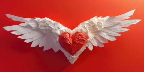 Poster - A paper heart with wings on a vibrant red background. This image can be used for various creative projects