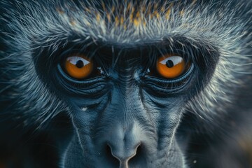 Poster - A detailed view of a monkey's face with striking orange eyes. Perfect for animal enthusiasts or wildlife-themed projects