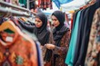 two friends in hijabs browsing through clothes at an outdoor market