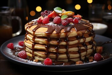 Delicious Closeup Pancakes with Chocolate and Banana at breakfast, generative IA