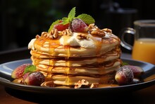 Vertical Photo Of Delicious Pancakes With Butter, Figs And Roasted Nuts On A Woode, Generative IA