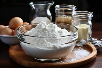 Sugar Egg Flour Egg Covers Milk and Kitchen Utensils on a white background with sp, generative IA