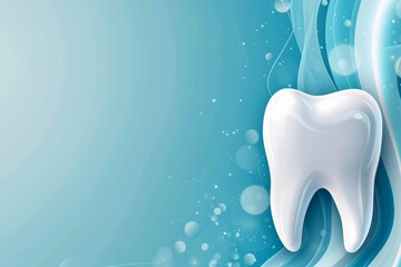 Pastel blue postcard with a white fake tooth, concept of dentistry, dental care and international dentist day celebration with copyspace for text