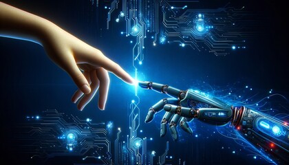 Aufkleber - a robotic hand reaching out to a human hand, with their fingertips touching