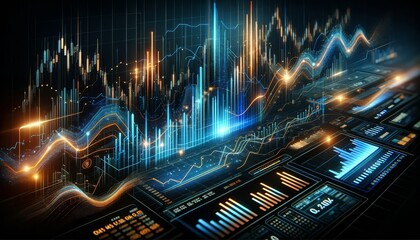 Aufkleber - dynamic and detailed stock market data visualization with glowing digital graphs, bars, and numerical data