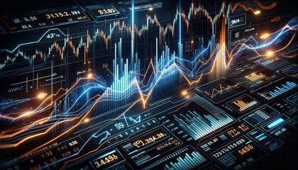 Aufkleber - dynamic and detailed stock market data visualization with glowing digital graphs, bars, and numerical data