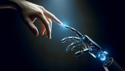 Aufkleber - a robotic hand reaching out to a human hand, with their fingertips touching