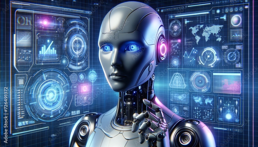 futuristic humanoid robot interacting with advanced holographic ...