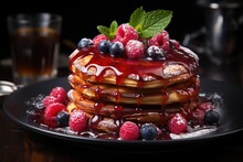 Red Fruit Pancakes Stacked With Homemade Syrup Generated By AI, Generative IA