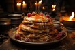 Home pancakes pile with wild fruit decoration generated by AI, generative IA