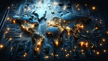 Poster - stylized world map laid out as a circuit board with glowing connections and lights