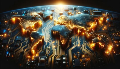 Poster - stylized world map laid out as a circuit board with glowing connections and lights