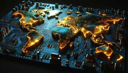 Poster - stylized world map laid out as a circuit board with glowing connections and lights