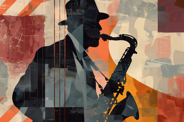 Afro-American male jazz musician saxophonist playing a saxophone in an abstract cubist style painting for a poster or flyer, stock illustration image