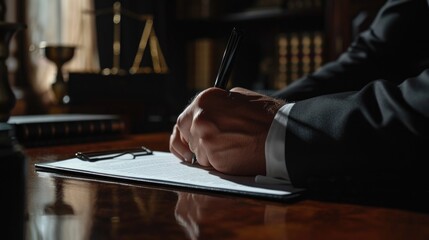 Poster - A man in a suit writing on a piece of paper. This image can be used to represent business, communication, or organization concepts
