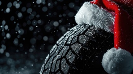 Canvas Print - A close-up view of a tire wearing a festive Santa hat. Perfect for holiday-themed designs and promotions