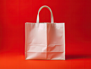 Wall Mural - Blank White Shopping Bag with Handles on Red Background - Generative AI