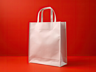 Wall Mural - Blank White Shopping Bag with Handles on Red Background - Generative AI