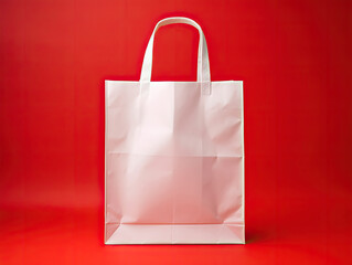 Wall Mural - Blank White Shopping Bag with Handles on Red Background - Generative AI