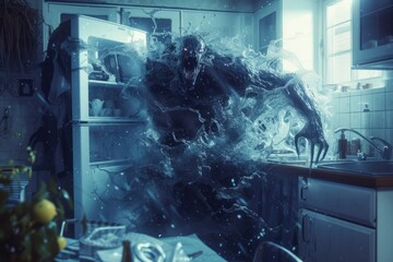 Poster - A frightening creature is seen in a kitchen next to a sink. This image can be used to create a spooky atmosphere or for Halloween-themed projects