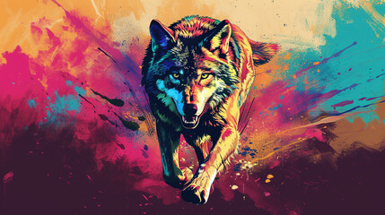 Colorful cool looking wolf walking toward camera in mixed grunge colors comic style illustration.