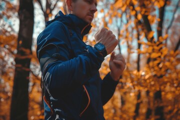 Poster - A man wearing a blue jacket standing in the woods. Suitable for outdoor and nature-related projects