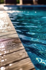 Aufkleber - A detailed view of a wooden dock floating in a pool. Ideal for water-themed projects