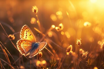 Poster - A butterfly perched on top of a grass-covered field. Suitable for nature and wildlife themes
