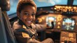 © CraftyImago - Happy Kid as Airplane Captain joyful child dressed in a pilot suit poses inside the plane's cockpit, dreaming of their future job as an airplane captain. With a beaming smile of excitement,