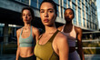 © Rendara Studio - Self-assured sporty women friends, real people group in activewear before training on fitness workout